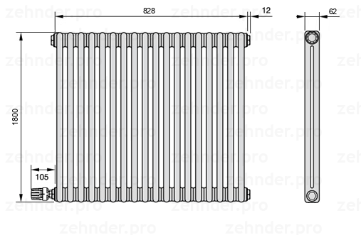 Схема (чертеж) Радиатор Zehnder Charleston 2180/18 №V003 Белый глянцевый RAL 9016